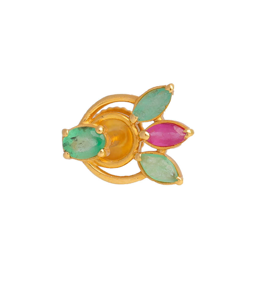 Floral Harmony Gold Earrings with Ruby & Emerald