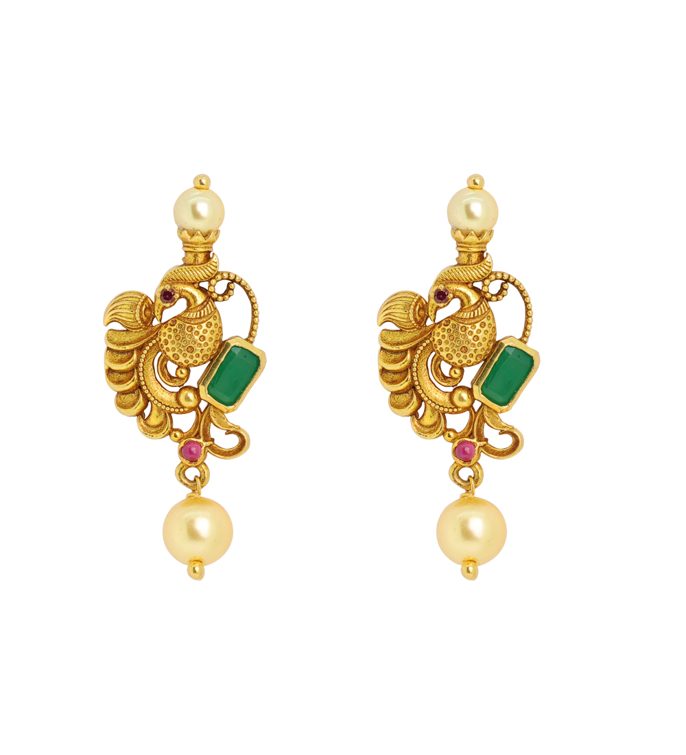 Handcrafted 22K Gold Earrings with Pearl & Gemstone