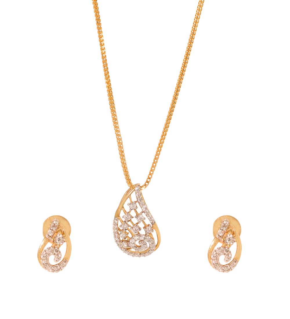 Teardrop & Swirl Diamond Pendant & Earring Combo Set – 18K Gold