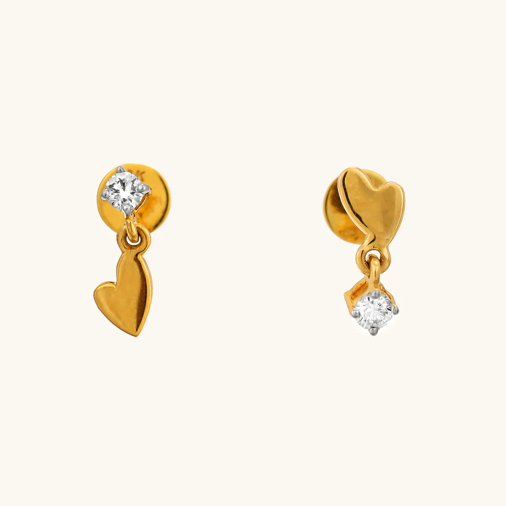 Gold Heart Drop Diamond Stud Earrings