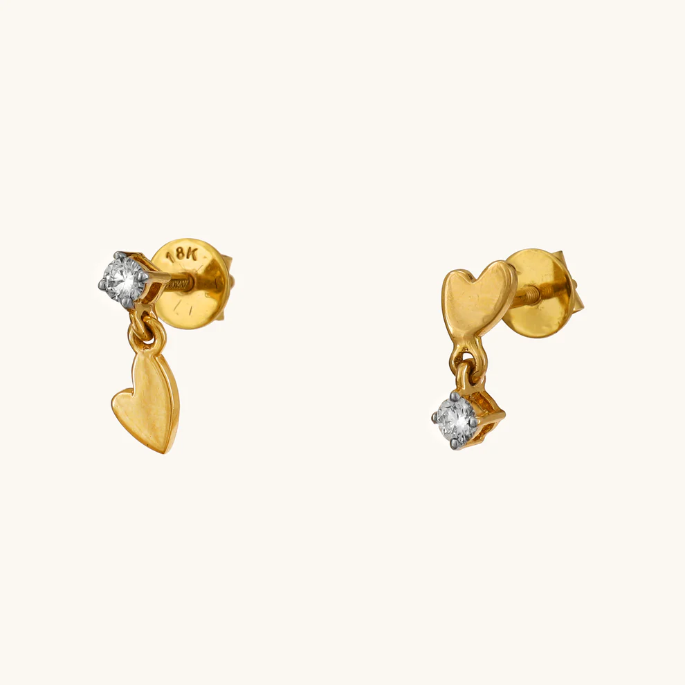 Gold Heart Drop Diamond Stud Earrings